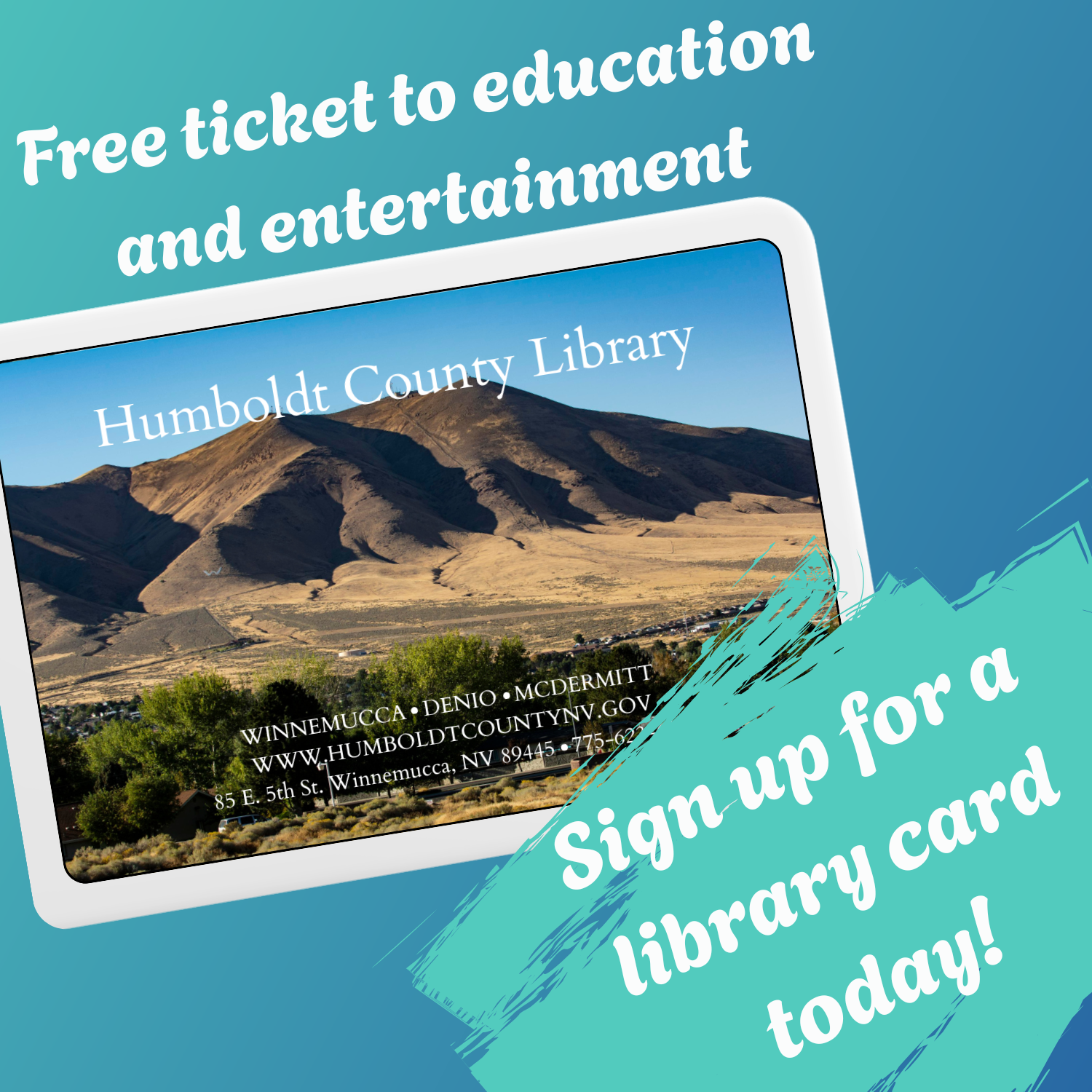 Picture depicting the HCL library card that says \"Free ticket to education and entertainment\…